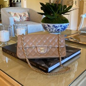 Nude Chanel quilted fold over shoulder strap clutch